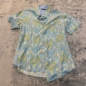 Bohio Mens Linen Blend Short Sleeve Button Up Shirt SZ Medium‎ Blue Flower Print